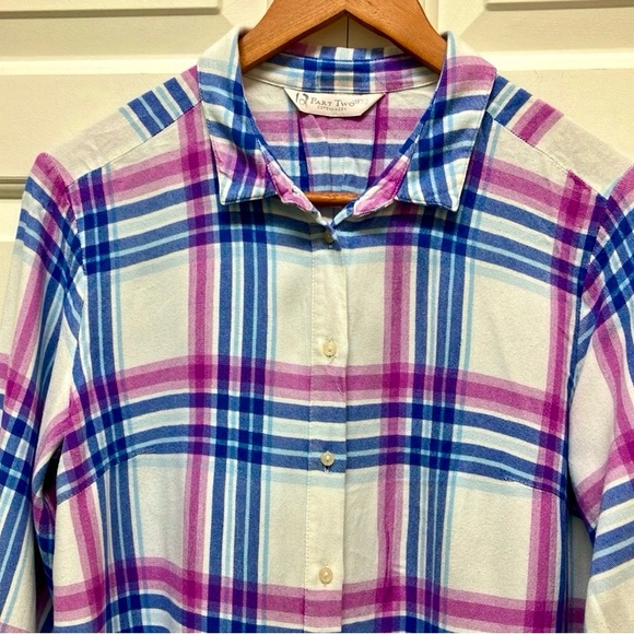 Part Two Copenhagen button up shirt, pink & blue plaid, Petite M - Picture 4 of 8